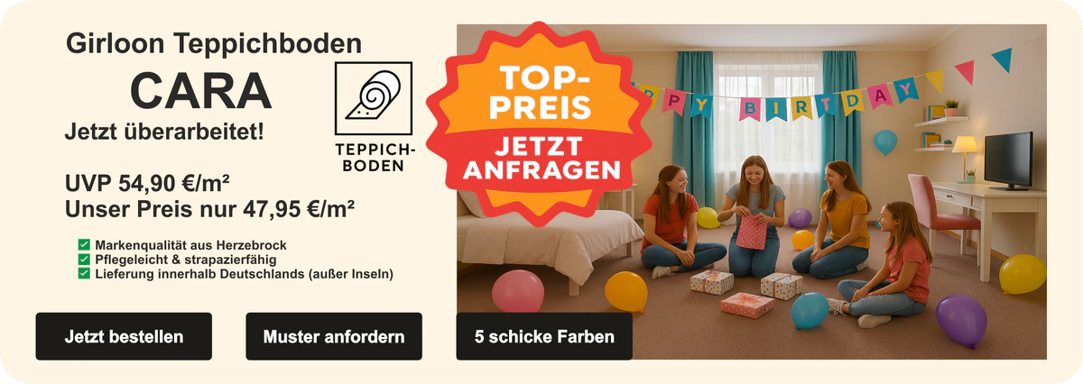 „Kategoriebild für Infloor-Girloon Cara Teppichboden: strukturierter roter Teppichhintergrund mit Infloor-Girloon Logo oben links und weißem Schriftzug ‚CARA‘ mittig platziert.“